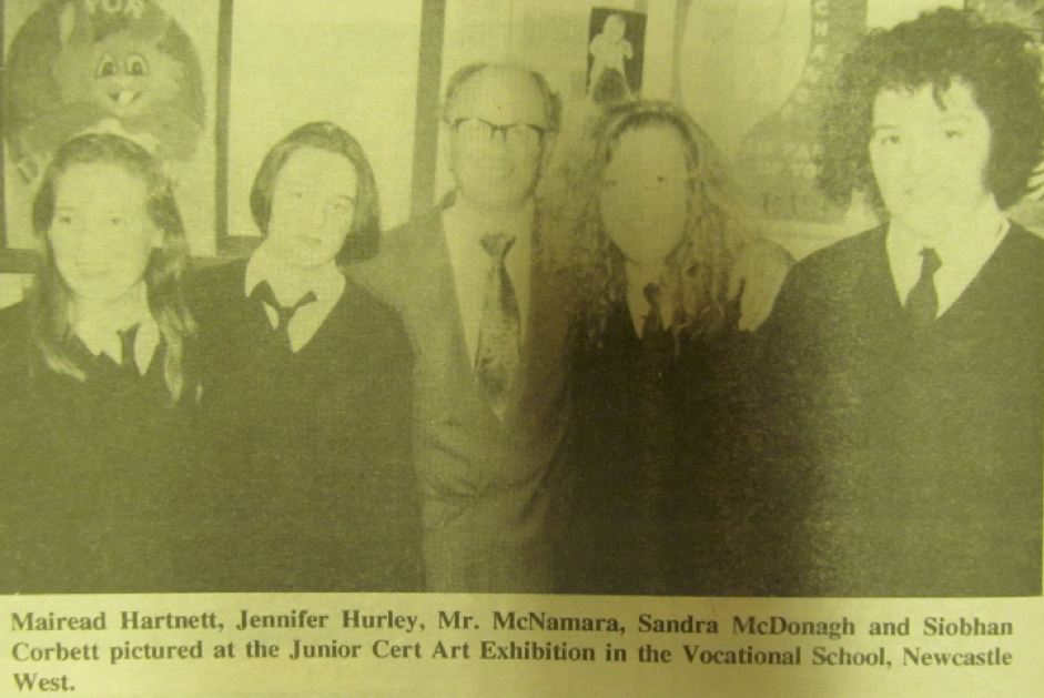0088 : Mairead Hartnett, Jennifer Hurley, Mr. McNamara, Sandra McDonagh and Siobhan Corbett at the Junior Cert Art Exhibition.