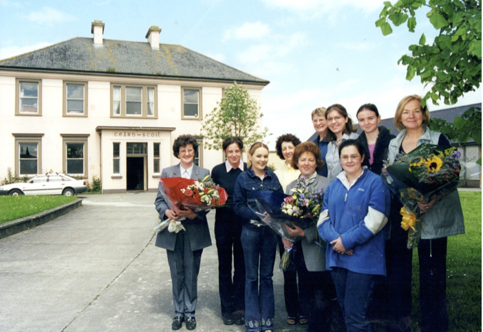 0146 : May 2000.  NCVA level two students at Ceard Scoil Newcastle West; Caroline Hayes, Mairead Ahern, Aine McCoy, Audrey Carroll, Joan Phillips, Emer O'Grady and Mary Mullane after giving flowers to their tutors Patricia Curtin, Claire Conway and Eileen Flynn. 
