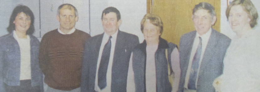 0214 : A photo of Mary Copse on her retirement with Liz Cregan, Dan Culhane, Pat Harnett, Con Murphy and Fenagh Loughnan