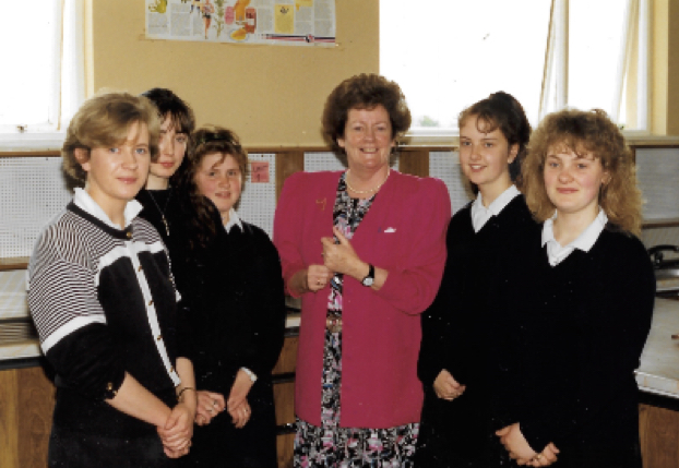 0216 : Home-Economics teacher in the 1990s Derval Glennon, with Helen McCarthy, Margaret O'Connor, Bríd McCarthy when Minister for Education Mary O'Rourke visited the school.