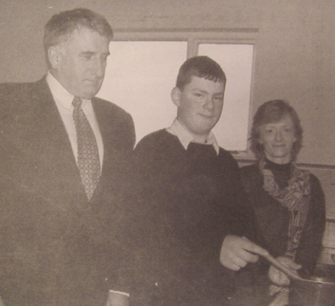 0217 : Donal O'Sullivan 4th year student in 2000 from Killeedy, winner of the Co. Final All-Ireland Schools Seafood Cookery Millennium Challenge. In photo also were Principal Richard Barry and Edel Bohan, Home Economics Teacher.