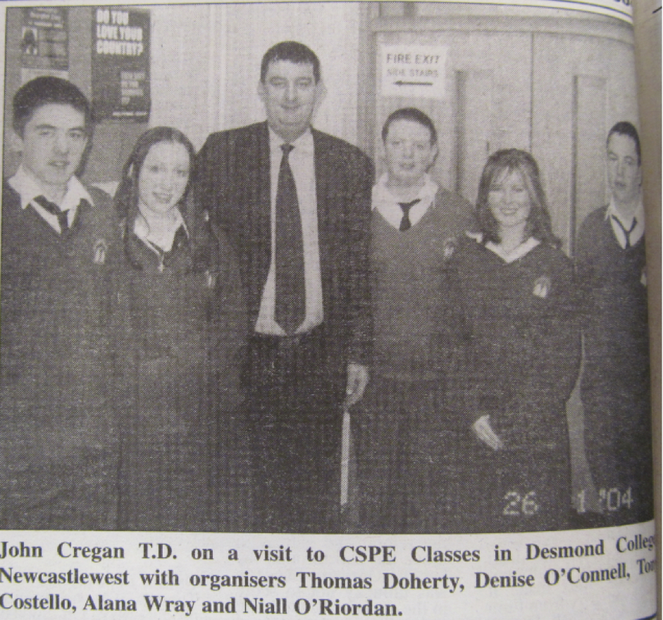 0226 : John Cregan on a visit to CPSE Classes in Desmond College in 2004 with organisers Thomas Doherty, Denise O'Connell, Tony Costello, Alana Wray and Niall O'Riordan