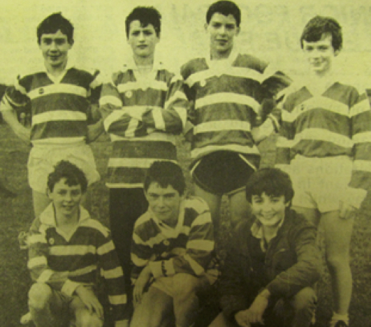 0343 : December ’86. The winning team in the U14 VEC County Cross Country Finals in Rathkeale. L – R Standing: Michael Dowling, Pat Lane, John Corbett and Michael Quaid. Front Row: Maurice Hurley, Brendan McGrath and Darren Dowling.
